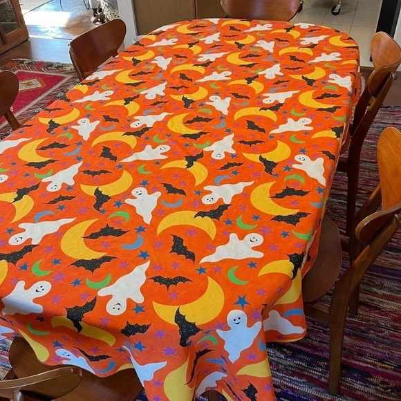 Unbranded Halloween Tablecloth Orange Black Ghost Cat Rectangle 100"x60" Oblong - Picture 4 of 4